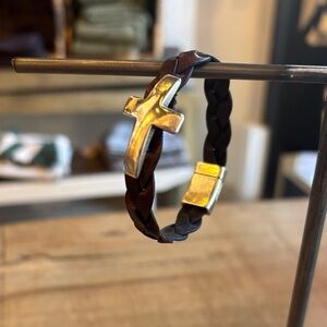 Braided Leather Bracelet with SILVER (stainless steel) Cross